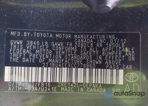 2012 Toyota Corolla Le from USA, damaged, VIN 2T1BU4EEXCC778860